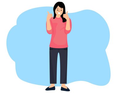 Mutlu bir ifadeyle ayakta duran portre kadını. Başparmak işareti. Tamam.