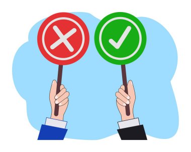 Çapraz işaretleri tutan eller yanlış ve doğru sembol veya oy ve resimleme