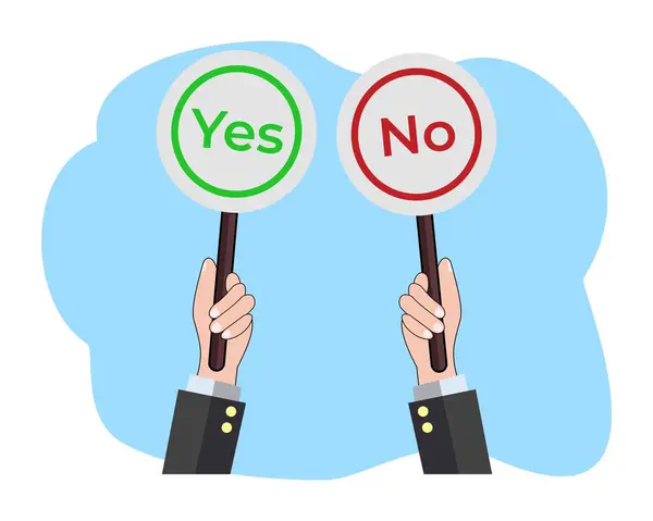 stock vector man hand hold signboard yes and no symbol for decision making or vote and polling