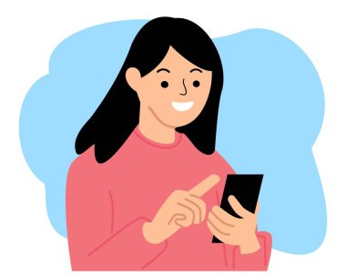 Mutlu yüzlü genç bir kadın cep telefonu kullanıyor.