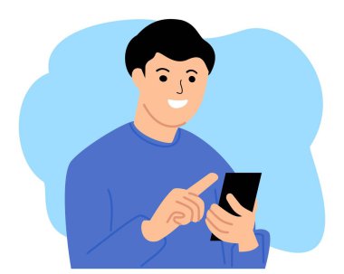 Cep telefonu tutan genç adam mutlu yüzlü.