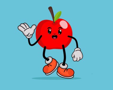 Flat Cute Çizgi Film Tarzı Elma Meyvesi Maskotu veya Tropikal Yaz Konsepti