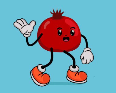 Flat Cute Çizgi Film Tarzı veya Fruit Tropikal Yaz Konsepti Nar Meyveli Maskot Çizgi Filmi