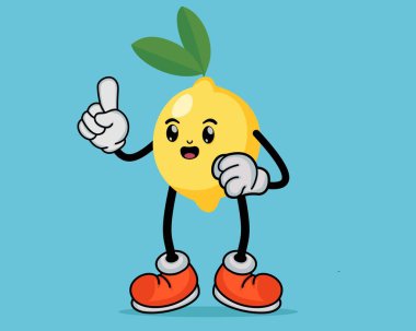 Düz Sevimli Çizgi Film Tarzı Mutlu İfadesiyle Limon Meyveli Maskot veya Kolları ve Bacakları olan Limonlu Karikatür Maskotu