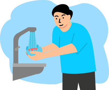 Adam suyun altında ellerini sabunla yıkıyor. El yıkama. Hijyen konsepti. El temizliği. el dezenfektanı