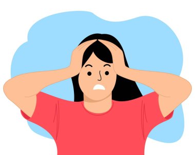 Genç bir kadın iki eliyle başını tutuyor. Şok içeriği. Şaşırdım. panik ifadesi