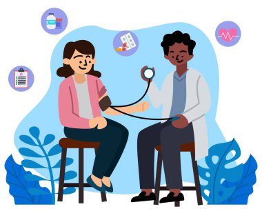 Erkek doktor kadın hastanın kan basıncını ölçüyor. Tansiyon kontrolü. Yüksek tansiyon. Kan basıncı