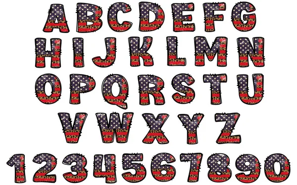 Alphabet Chiffres Drapeau Américain Léopard Alphabet Patriotique Eps Usa Drapeau — Image vectorielle