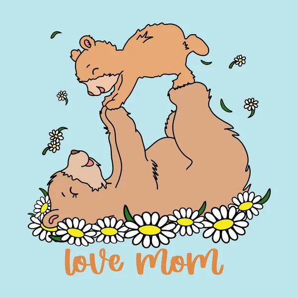 Liebe Mama Bär Muttertag Mama Bär Und Baby Mit Blumen — Stockvektor