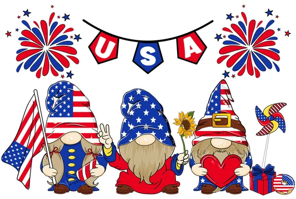 Gnome Usa Група Трьох Гарних Липня Незалежності Америки Gnome Утримує — стоковий вектор