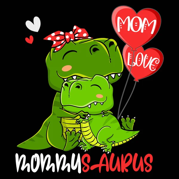 Mama Saurus Mama Rex Und Baby Dinosaurus Umarmung Mit Luftballons — Stockvektor