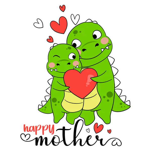 Feliz Día Madre Mami Rex Bebé Dinosaurio Abrazo Con Corazones — Archivo Imágenes Vectoriales