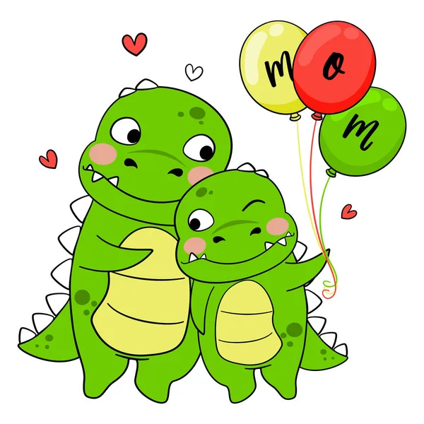 Mom Saurus Mommy Rex Und Baby Dinosaurus Umarmung Mit Luftballons — Stockvektor
