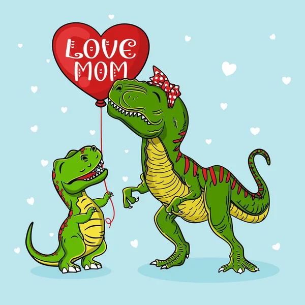 Love Mom Saurus Mommy Rex Und Baby Dinosaurus Mit Ballon — Stockvektor