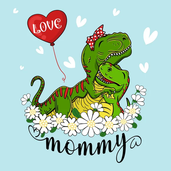 Liebe Mama Saurus Mama Rex Und Baby Dinosaurus Umarmung Mit — Stockvektor