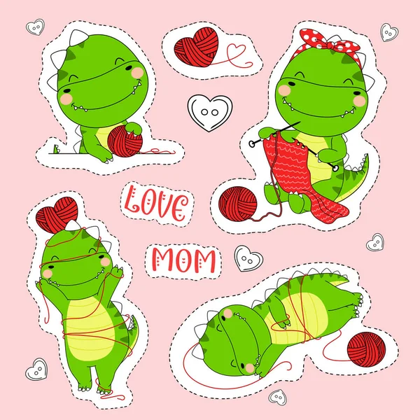 Funny Love Mom Dinosaurier Kinderfigur Niedliche Rex Mama Und Baby — Stockvektor