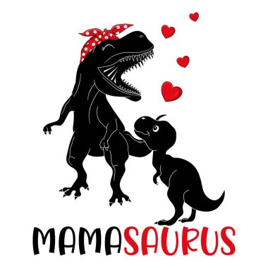 MamaSaurus, İskelet T-Rex Anne ve Bebek Dinozor silueti Anneler Günü için Tasarım, Sevgililer Günü EPS. Dosya vektör illüstrasyonu Doodle Komik çizgi film biçimi 