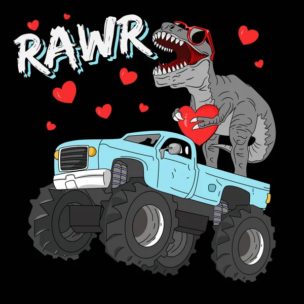 Rawr Dinozaur Rex Driving Monster Truck Silhouette Hearts Design Mother — Wektor stockowy