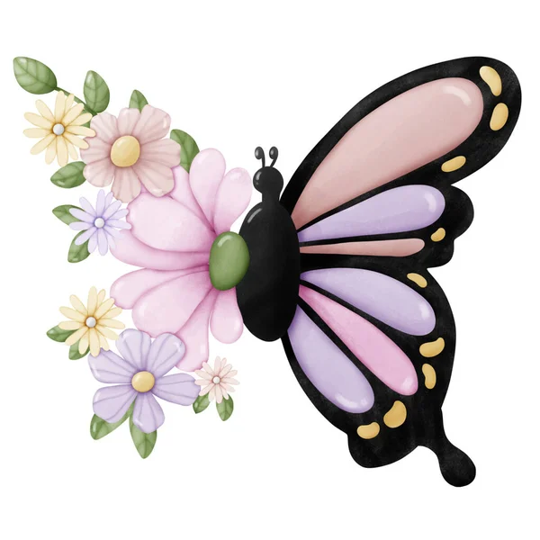 Motyl Akwarelą Kwiatów Plik Wektor Cute Kreskówki Vintage Styl — Wektor stockowy