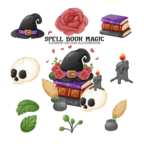 Set Halloween Spell Book Magic Skull Books Hat Candle Rose — Stock Vector