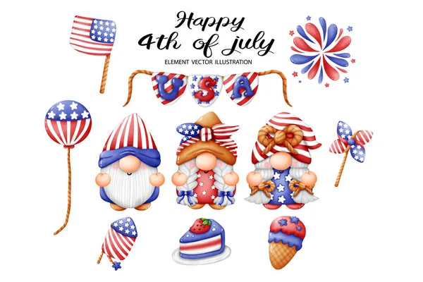 Július Usa America Gnome Torta Fagylalt Jel Léggömb Tűzijáték Zászló — Stock Vector