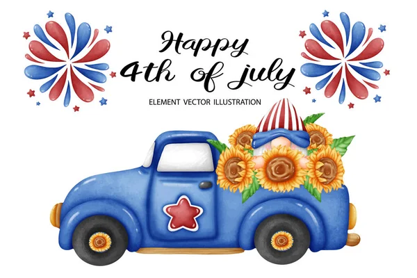 Ιουλίου Ηπα America Gnome Pickup Truck Car Sunflower Πυροτεχνήματα Watercolor — Διανυσματικό Αρχείο