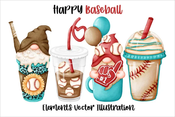 stock vector Set Gnome Baseball Coffee mug cheer Element Watercolor Vector File ,Clipart cartoon vintage-Retro style For banner, poster, card, t shirt, sticker