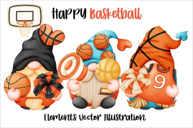 Gnome Basketball Sports megafon Ponpon Element Watercolor Vector File, Clipart çizgi film klasik-Retro tarzı Pankart, poster, kart, tişört, çıkartma