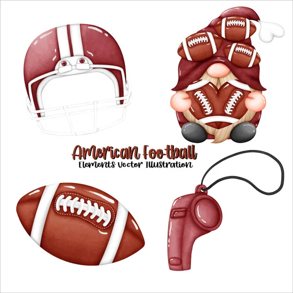 Gnome American Football Ball Helmet Whistle Element Akwarela Vector File — Wektor stockowy