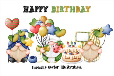 Gnomes Happy Birthday Cake strawberry blueberry Balloons and Bow Element Colorful Watercolor Vector File ,Clipart Cute cartoon style For banner, poster, card, t shirt, sticker clipart