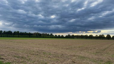 Yeşil ağaçları ve kırsal ufku olan boş tarlaların üzerinde dramatik bulutlu gökyüzü