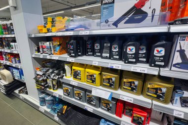 Automotive motor oil car care products retail shelf in Action store Dsseldorf Germany editorial shopping photo 09.09.2025