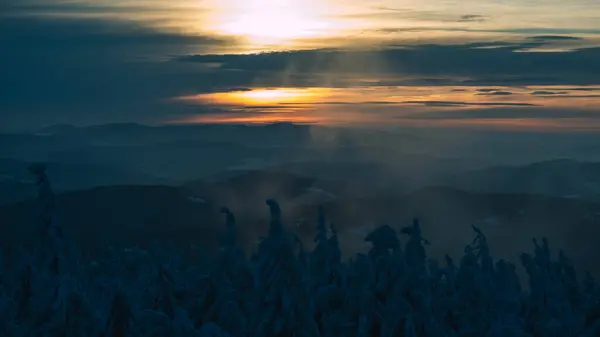Morning, sunrise on Radziejowa mountain in Beskid Sdecki, Poland, Europe