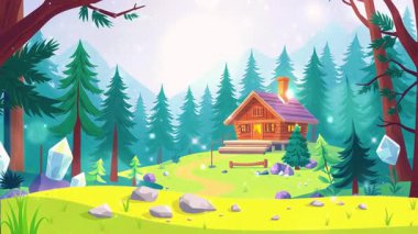 Konforlu Tahta Orman Evi Görünümü Uzun Ağaçlarla