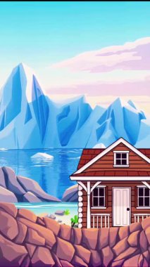 Deniz kıyısında buzlu tepeli rahat bir kulübe.