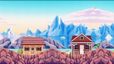 Sakin Deniz kıyısındaki Dağ Kulübeleri ve Buzdağları