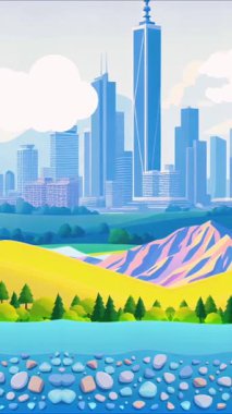 Dağlar ve Nehir Akıntısı ile Şehir Manzarası