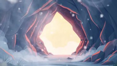 Karlı Mağara Girişi Soğuk Kış Sahnesi, Taştan Gün Işığı, Ürkütücü Atmosfer, Işık ve Gizem