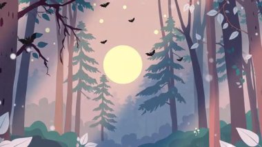 Gece Ağaçları ve Ay 'da Orman, Dolunay' da Yarasa, Parlak Gökyüzü