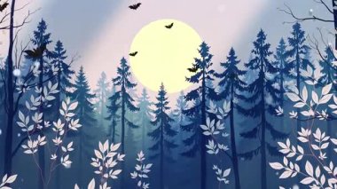 Gece Vakti Gökyüzü Dolunay Ormandaki Ağaçlar, Gölgeler ve Gökyüzünde uçan vahşi yaşam