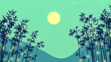 Gece sahnesi gökyüzünde dolunay, Bambu geceleri huzurlu ve huzurlu parlıyor.