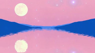 Pembe Ay 'la gece manzarası, dağ, sessiz ve su üzerindeki yansıma, ay ışık yayar.