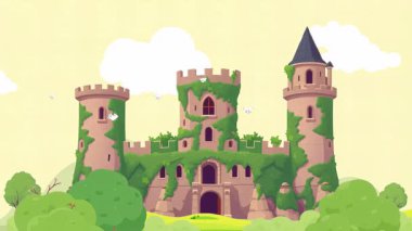 Yeşil Şato. Bitkilerle dolu bir kale. Beyaz bulutlar ve sakin bir manzara.