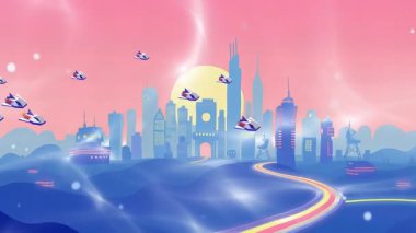 Uçan Kruvazörlerle Geleceğin Şehri Batan Güneş Altında Bir Animasyon Bilimkurgu Metropolü