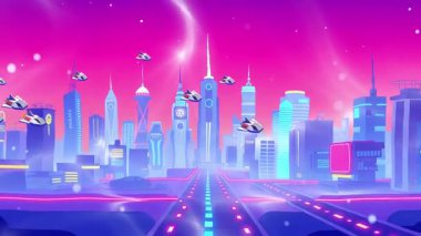 Uçan Aracıyla Neon City Skyline Gece Dinamik Canlandırılmış SciFi Metropolis