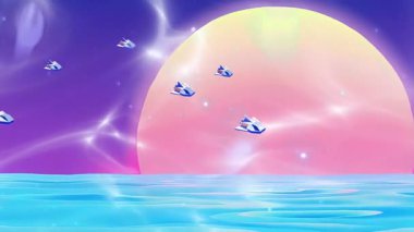 Su Gezegeni Gökyüzü ve kruvazörleri Gezegenlerle Kapsamlı Bilim Kurgu Animasyon Manzarası