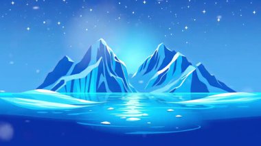 Donmuş Dağlar, mavi dağ ve yıldızlarla donuk ve karlı manzaranın canlandırılmış görüntüsü.