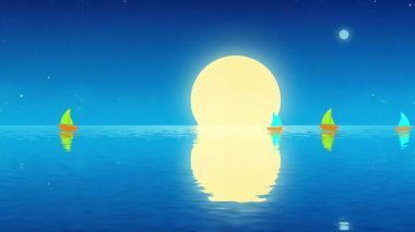 Parlak Ay Işığı Yolculuğu Renkli Yelkenliler Parlak Sarı Ay 'ın Gözü Altında Yansıtıcı Sularda Geziniyor