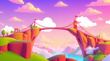 Sunset Tonu 'ndaki Çizgi Film Köprüsü Gökdelenleri, Nehir ve Uçan Kuşlarla Tuhaf bir Manzara