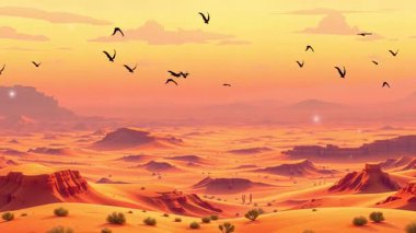Turuncu Çöl Vista Çizgi Filmi Kanyon Sahnesi Kuşlar Gün Batımında Uçuyor